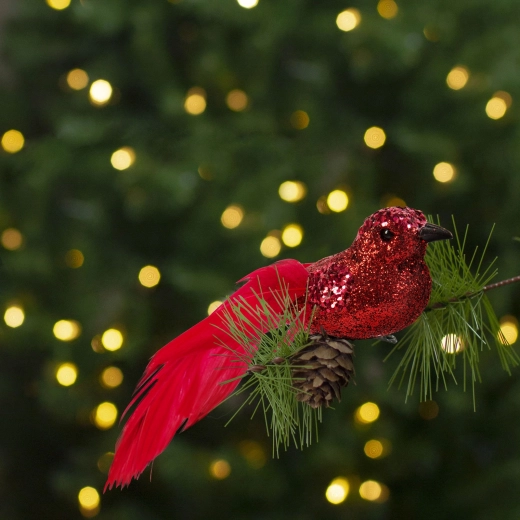 Christmas ornament with clip, glittery red bird - 2 pieces