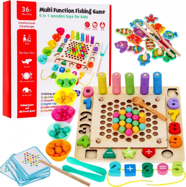 Drvena edukativna igraća set 6-u-1 za djecu 3+ Sorter, pecanje, učenje brojeva