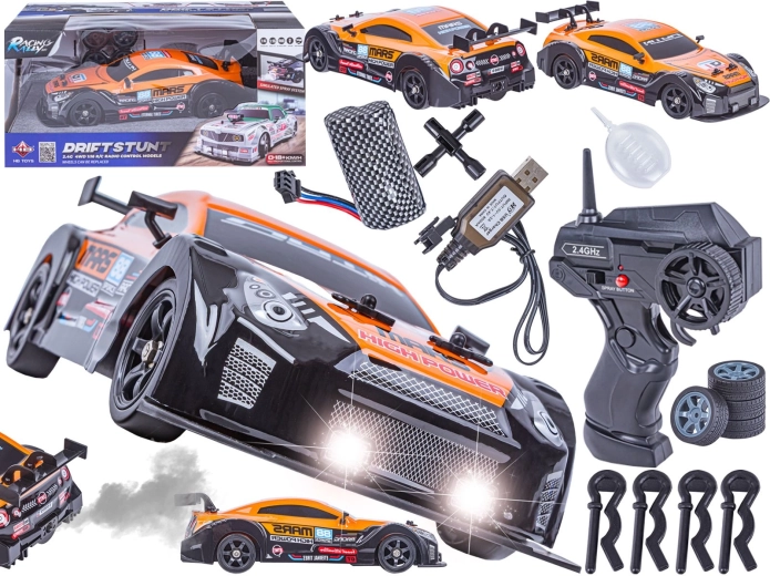 Daljinski upravljan drift automobil na vodenu paru 1:16 2,4 GHz 4WD s LED svjetlima, narančasti (inspirirano Nissanom GTR)