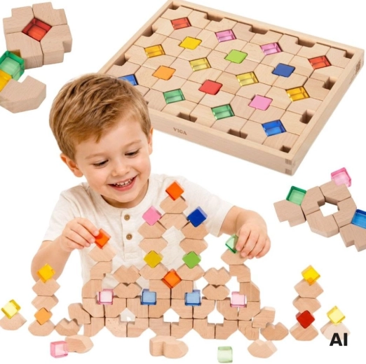 VIGA wooden building blocks with acrylic elements for light play, 66 pcs