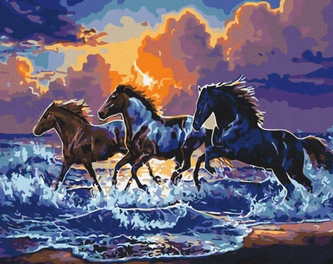 Dijamantno slikanje – divlji konji na plaži 30 × 40 cm