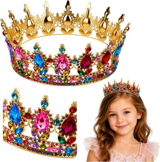 Zlatna metalna kruna za princezu sa šarenim kristalima (12,5 cm)
