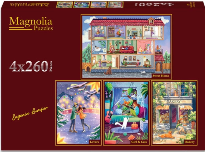 Magnolia set slagalica Slatki dom, zaljubljeni par, djevojka s kolicima i mirisna pekarnica 4×260 dijelova