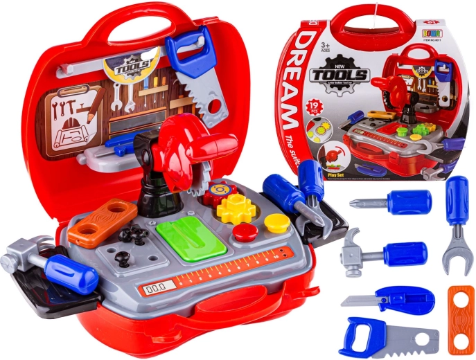 Children’s workbench in a suitcase with a saw and tools