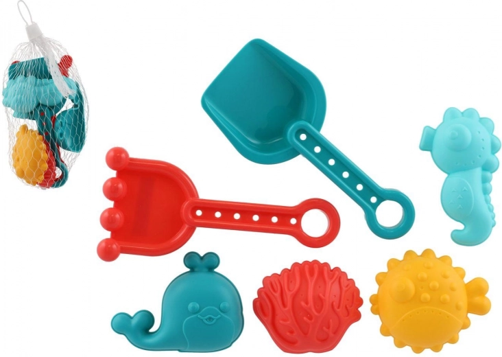 Plastični set za pijesak za djecu s lopaticom, grabljicama i kalupima u mrežici