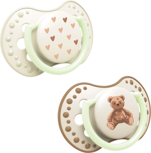 Dinamična svijetleća silikonska duda varalica LOVI Teddy love 18 m+ (2 kom)