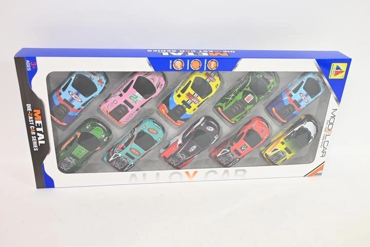 Set of 10 metal toy cars in a box