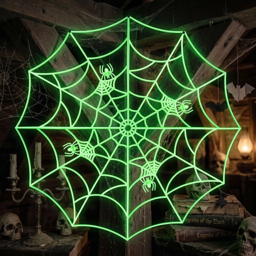 Phosphorescent corner spider web decoration, green, 30 × 30 cm – 4 pcs