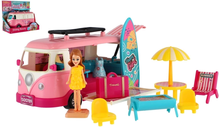 Pink kids’ motorhome with surfboard and accessories