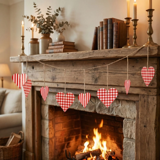 Paper garland with red and white checkered hearts 2 m