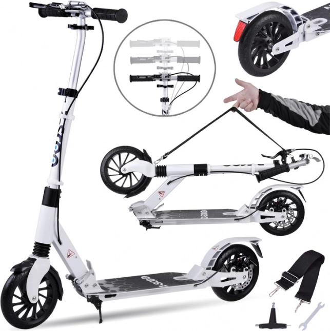 Veliki sklopivi gradski romobil s ovjesom i kočnicama do 100 kg – Bijela