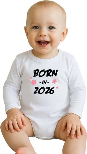 Dječji pamučni bodi s printom New Baby Born in 2026, ružičasti, dugi rukav