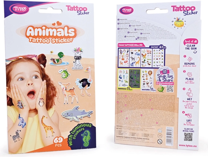 Set of temporary animal tattoos – 69 pieces