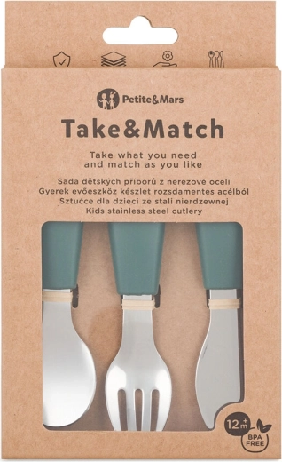 Petite&Mars set dječjeg pribora za jelo od nehrđajućeg čelika Take&Match misty green 12m+
