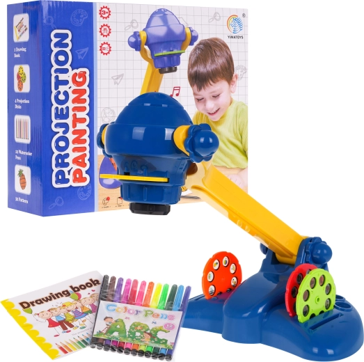 Dječji projektor za crtanje 3+ sa zvukovima i svjetlima, 4 koluta, 12 flomastera i blok