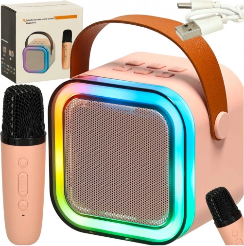 Ružičasti karaoke set s Bluetooth zvučnikom, mikrofonom i LED