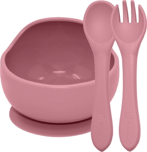 Petite&Mars silikonski set za jelo Take&Match: zdjelica s vakuumskom prijanjaljkom + pribor dusty rose (6m+)