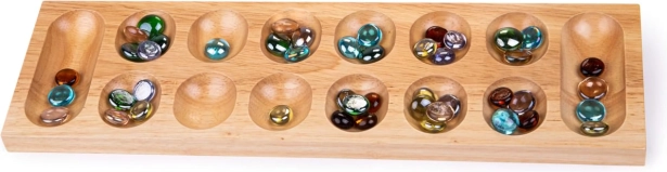 Drvena igra Mancala s obojenim staklenim kamenčićima Bigjigs Toys