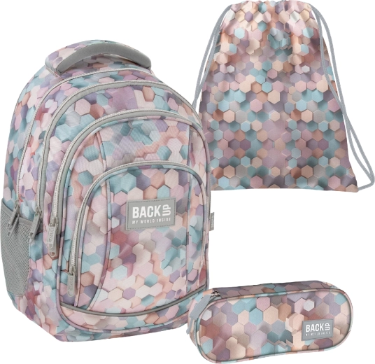 BackUP Geometric Beige school set 3-in-1 – backpack, pencil case and gym bag