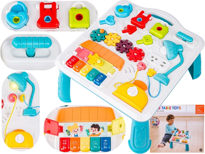 Interactive educational activity table for children with a mini piano, locks and melodies