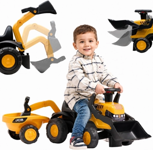 Dječja guralica JCB s prikolicom, lopaticom i grabljama