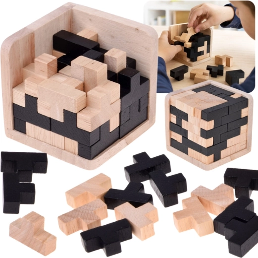 Wooden 3D Tetris logic cube (black–natural)