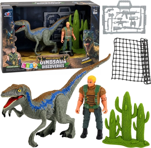 Set figurice dinosaura i lovca s pomičnim udovima, mrežom i dodacima - 1 komad