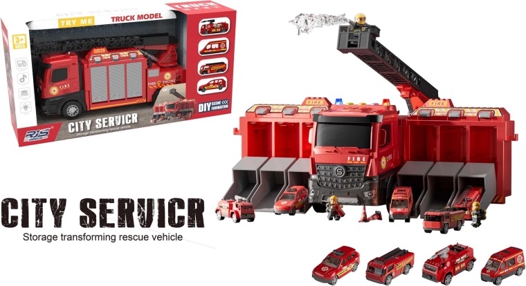 2-in-1 Fire Truck with Mobile Base and Vehicles