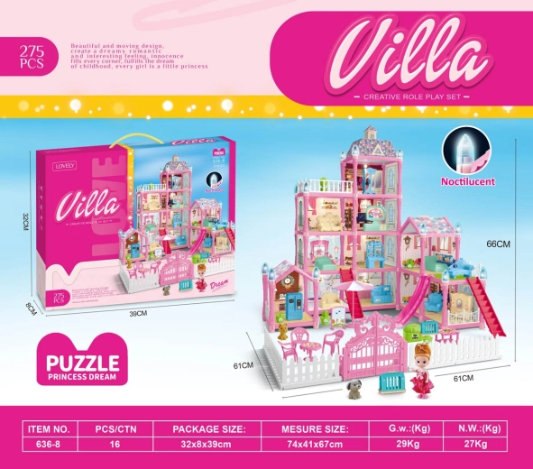 Pink Dollhouse Villa with Lighting Function and Accessories, 275 Pieces