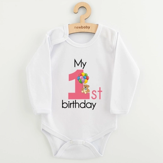 Dječji body s tiskom New Baby My First Birthday ružičasti, vel. 86 (12–18 mjeseci)