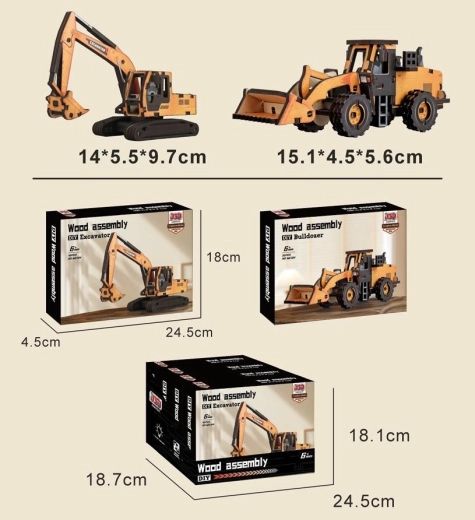 Drvena građevinska slagalica – građevinski stroj 14 cm (utovarivač ili bager) – 1 komad