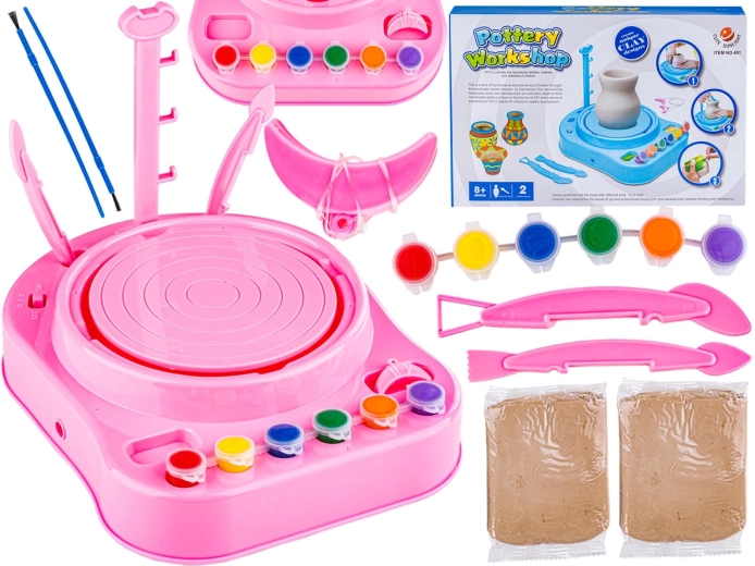 Pink kids’ pottery wheel Little Artist – creative set with paints and modeling clay