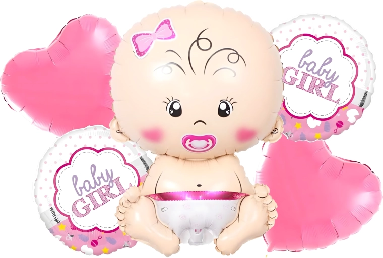 Baloni za baby shower za curicu – set od 5 kom s zvjezdicama i motivom bebe