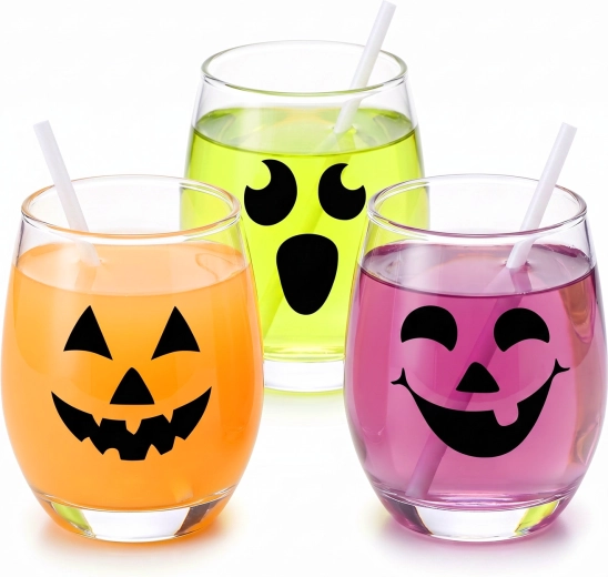 Set of Electrostatic Halloween Stickers with Black Pumpkin Faces, 16 pcs