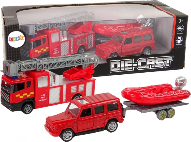 Set vatrogasnih vozila s napuhanim čamcem