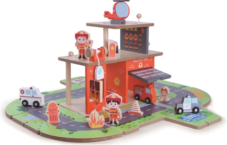 2Kids Toys Wooden Fire Station 2-in-1
