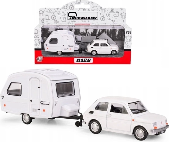 Fiat 126p s kamp-prikolicom Niewiadów N126, bijeli, model 1:43