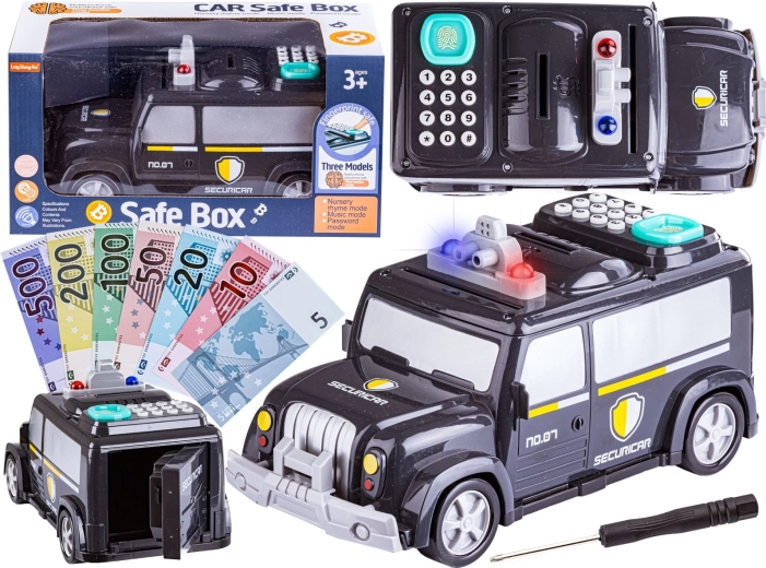 Dječja kasica prasica u obliku policijskog oklopnog vozila na šifru - 1 komad
