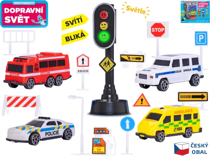 Set autića s prometnim znakovima i semaforom sa svjetlom, 4 kom