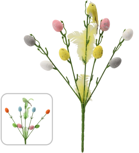 Uskršna grančica s ptićem i jajima na štapiću 30 cm