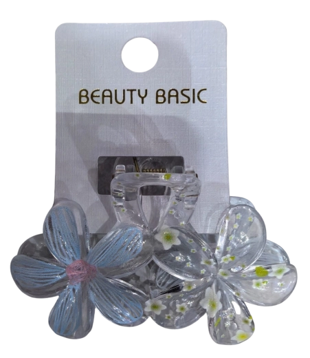 PINK transparent hair claw clip with two flowers, blue - 1 piece