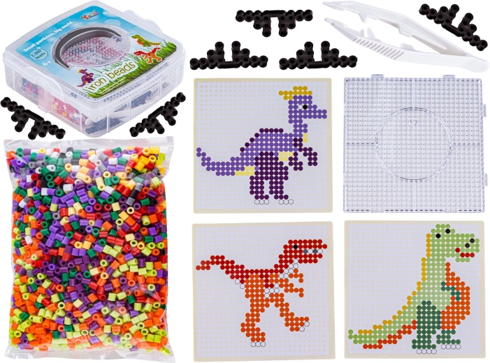 Iron-on beads with dinosaur templates – set of 2000 pieces in a case