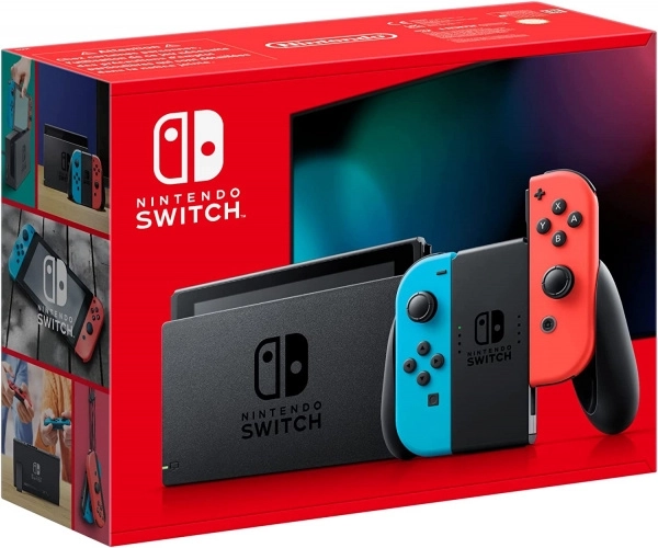 Nintendo Switch console with neon blue/neon red Joy‑Con controllers