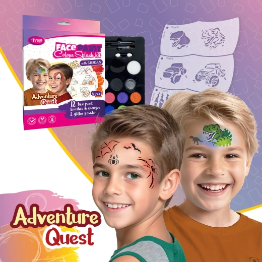 TyToo Adventure Quest face painting set with 6 Mosaic stencils