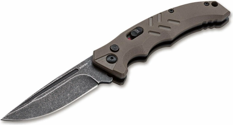 Automatski taktički nož Böker Plus Intention II Coyote, D2, stonewash, G10
