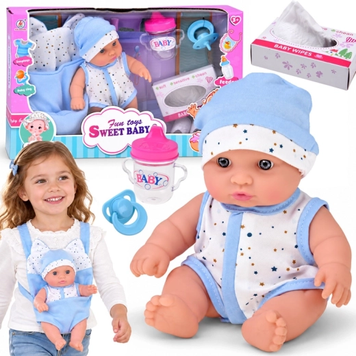 Baby doll 20 cm in a carrier with pacifier, bottle and accessories