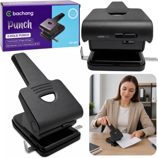 Metal office hole punch for 65 sheets, black