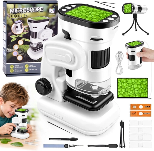 Digital microscope for children 1000× with a 2" display, LED and camera (Polish menu)