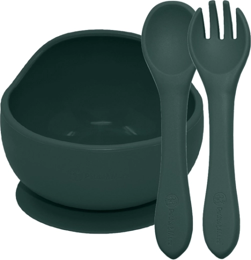 Petite&Mars silikonski set za jelo Take&Match misty green – zdjelica s vakuumskom prijanjaljkom i pribor 6m+