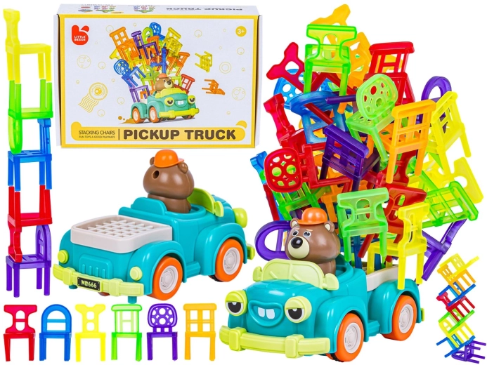 Family dexterity game: falling chairs with a moving toy car